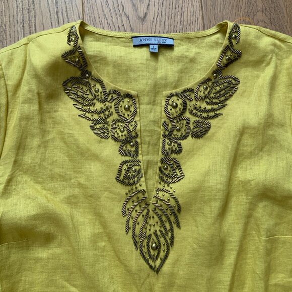 Women's Anne Klein V-Neck Linen 3/4 Sleeve Tunic Top Mustard Sequin Size S - Picture 2 of 7